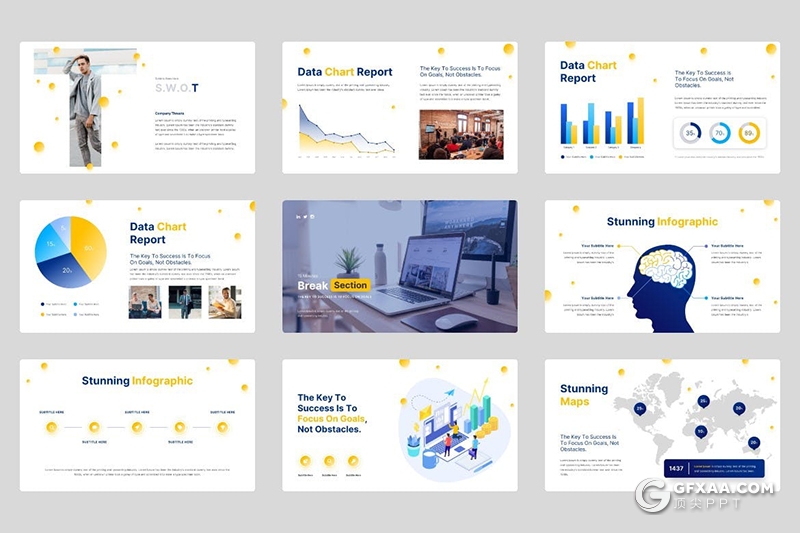 40页橙色小圆点设计企业营销推广数据分析统计国外PPT模板 - 顶尖PPT
