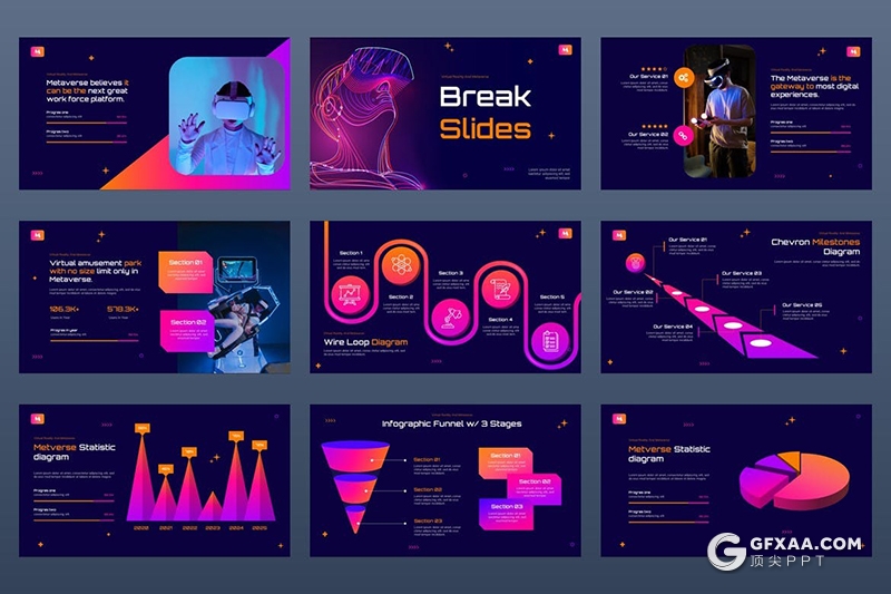 40页彩色渐变虚拟现实VR科技主题PPT模板 - 顶尖PPT