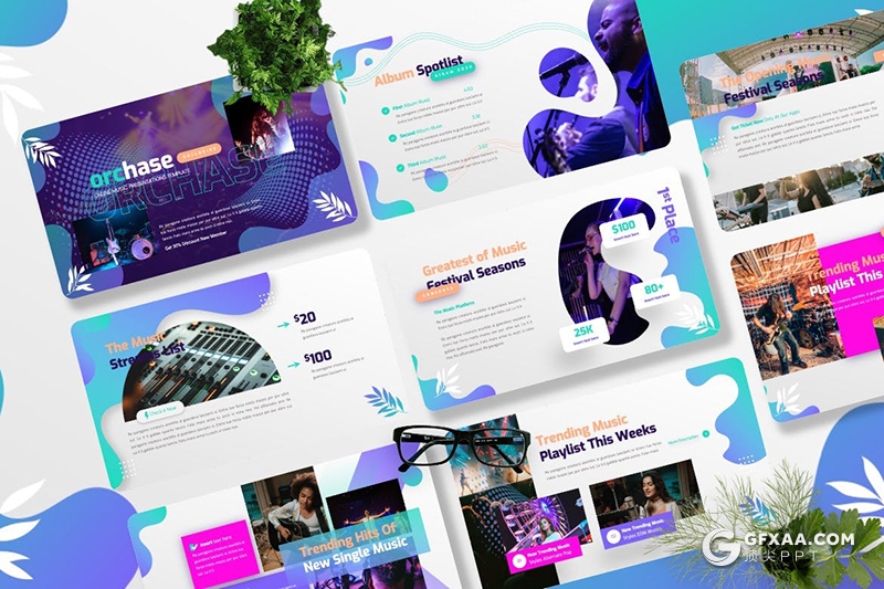 45页创意波浪图形音乐演唱会现场活动策划PPT模板 - 顶尖PPT