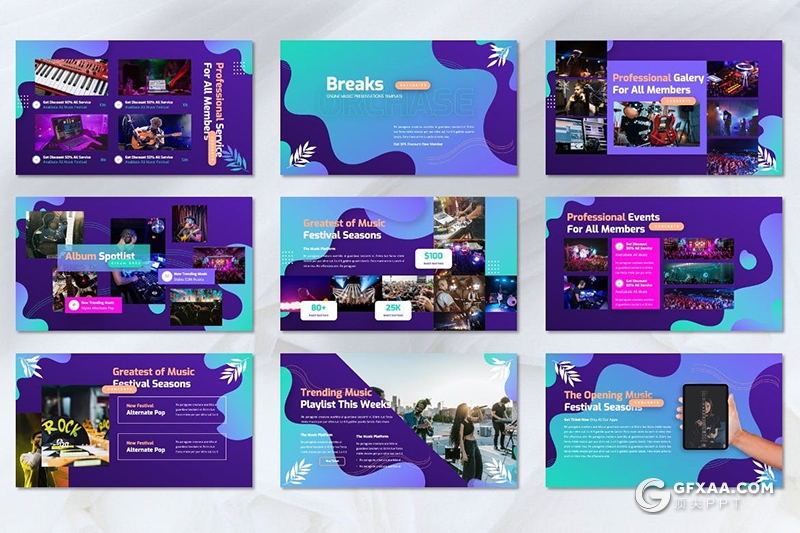 45页创意波浪图形音乐演唱会现场活动策划PPT模板 - 顶尖PPT