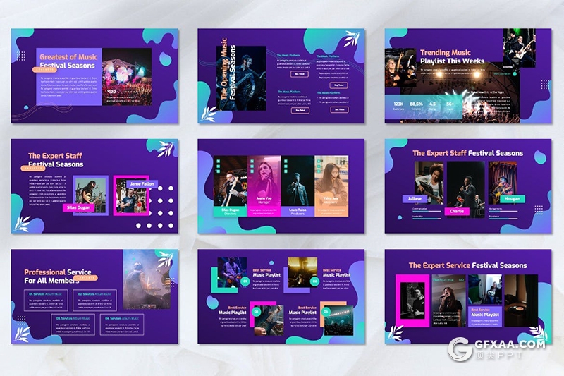 45页创意波浪图形音乐演唱会现场活动策划PPT模板 - 顶尖PPT