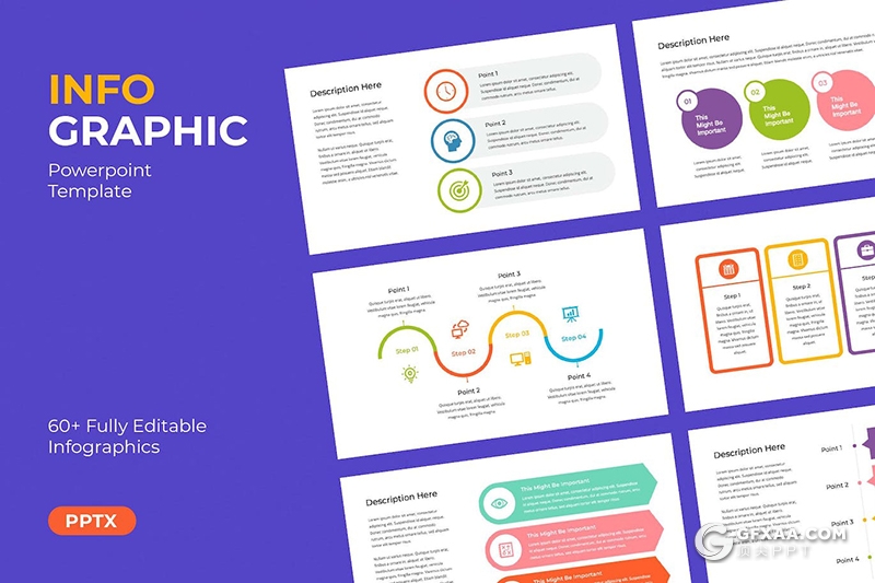 60多页简单彩色信息图形PPT模板 - 顶尖PPT