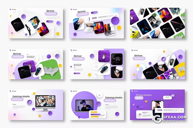 39页创意紫色渐变微立体圆形商务商业国外PPT模版 - 顶尖PPT