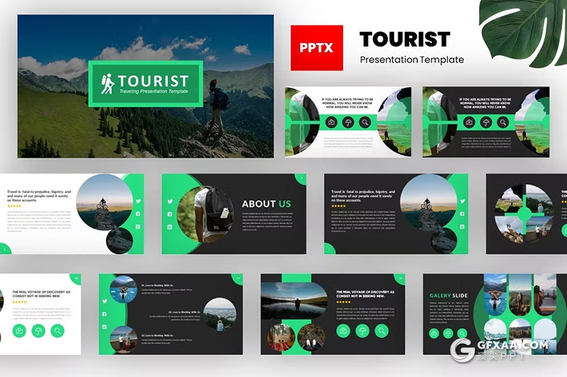 54页绿色旅游展示登山运动摄影图片展示PPT模版 - 顶尖PPT