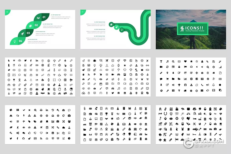 54页绿色旅游展示登山运动摄影图片展示PPT模版 - 顶尖PPT