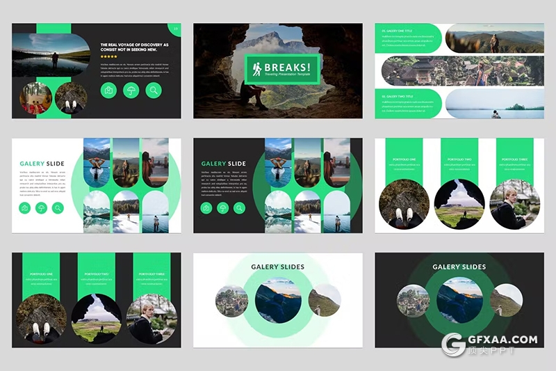 54页绿色旅游展示登山运动摄影图片展示PPT模版 - 顶尖PPT