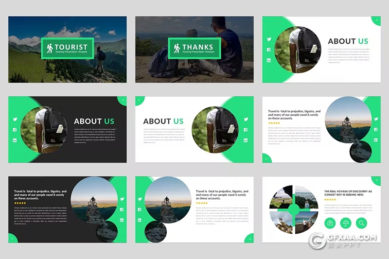 54页绿色旅游展示登山运动摄影图片展示PPT模版 - 顶尖PPT