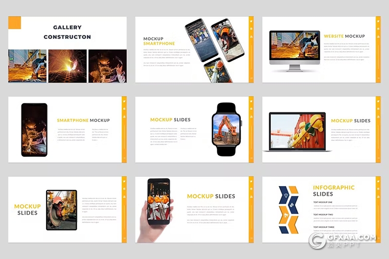 54页橙色机器机械工程图片展示企业汇报通用PPT模板 - 顶尖PPT