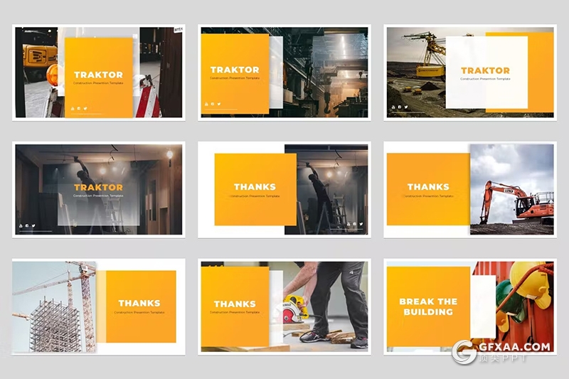 54页橙色机器机械工程图片展示企业汇报通用PPT模板 - 顶尖PPT