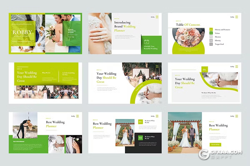 蓝绿色婚纱图片展示婚礼策划PPT模板 - 顶尖PPT