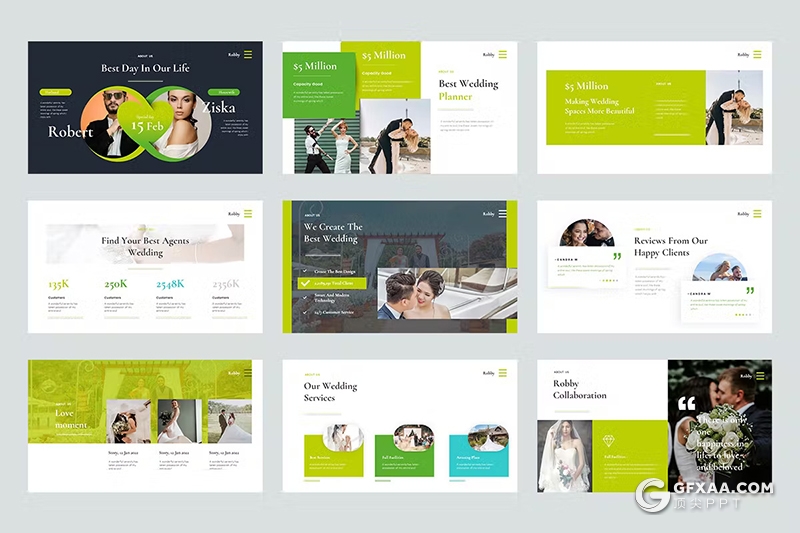 蓝绿色婚纱图片展示婚礼策划PPT模板 - 顶尖PPT