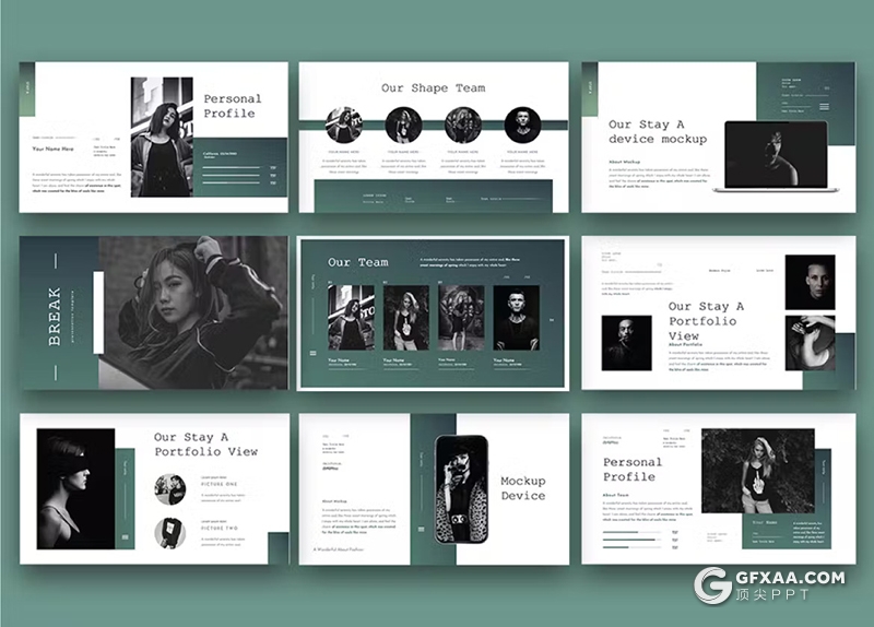 30页蓝绿色人物摄影展示模特展示PPT模板 - 顶尖PPT