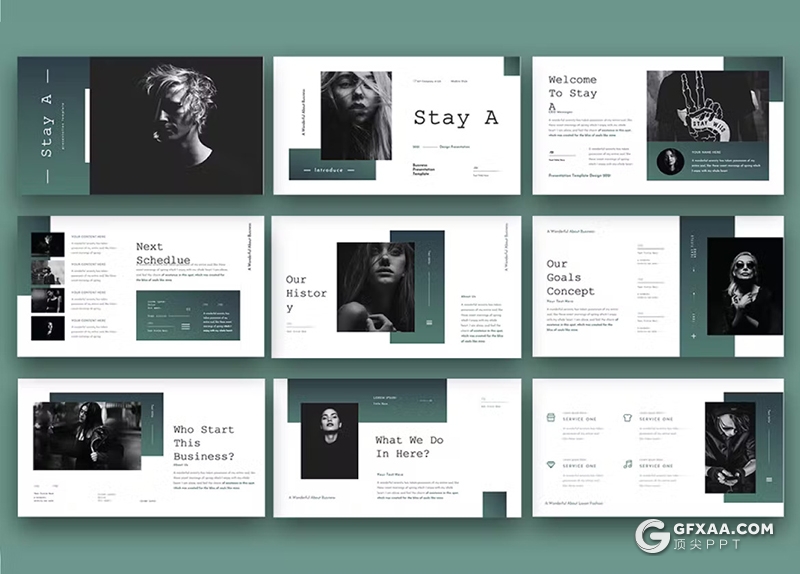 30页蓝绿色人物摄影展示模特展示PPT模板 - 顶尖PPT