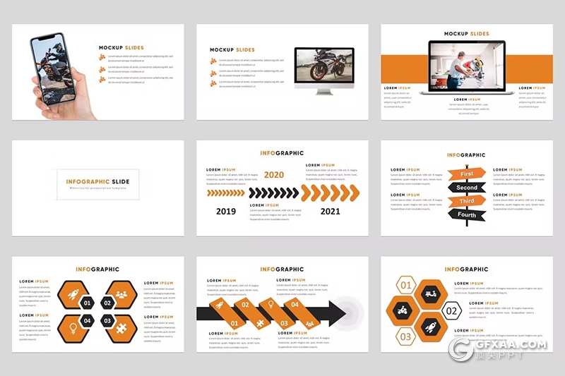 54页橙色摩托车赛车图片展示通用PPT模板 - 顶尖PPT