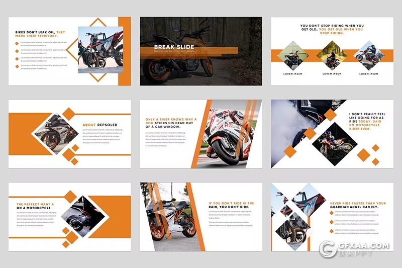 54页橙色摩托车赛车图片展示通用PPT模板 - 顶尖PPT