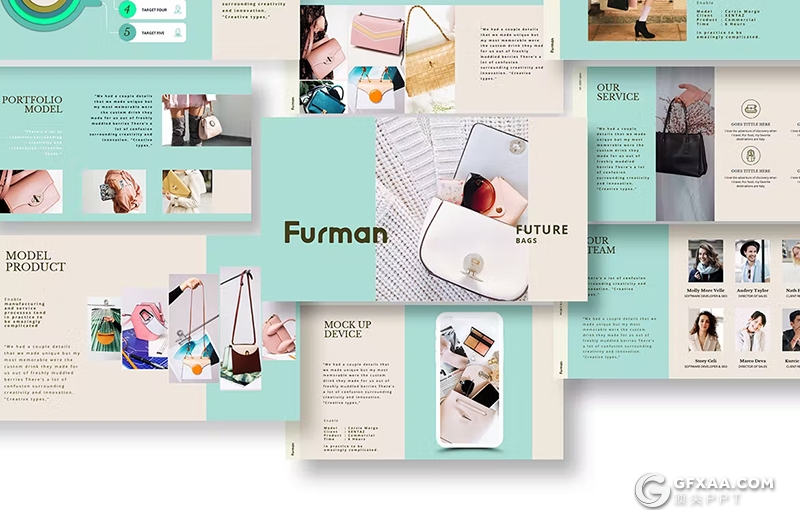 33页蓝色产品营销展示包包产品展示PPT模板 - 顶尖PPT
