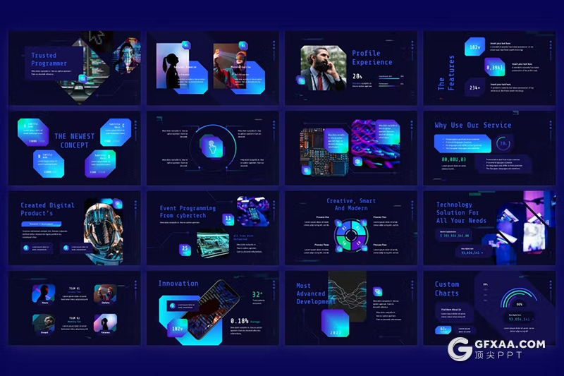 40页蓝色渐变科技风电子科技产品研发展示团队介绍国外PPT模板 - 顶尖PPT