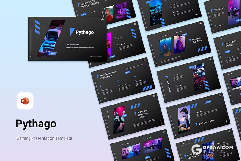 30页蓝黑色科技风创意几何图形设计电竞游戏行业推广数据分析国外PPT模板 - 顶尖PPT