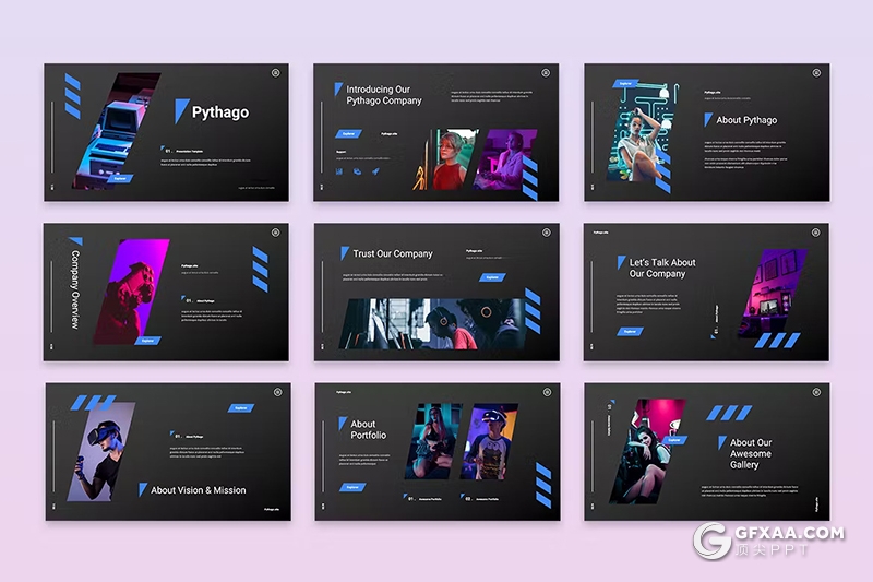 30页蓝黑色科技风创意几何图形设计电竞游戏行业推广数据分析国外PPT模板 - 顶尖PPT