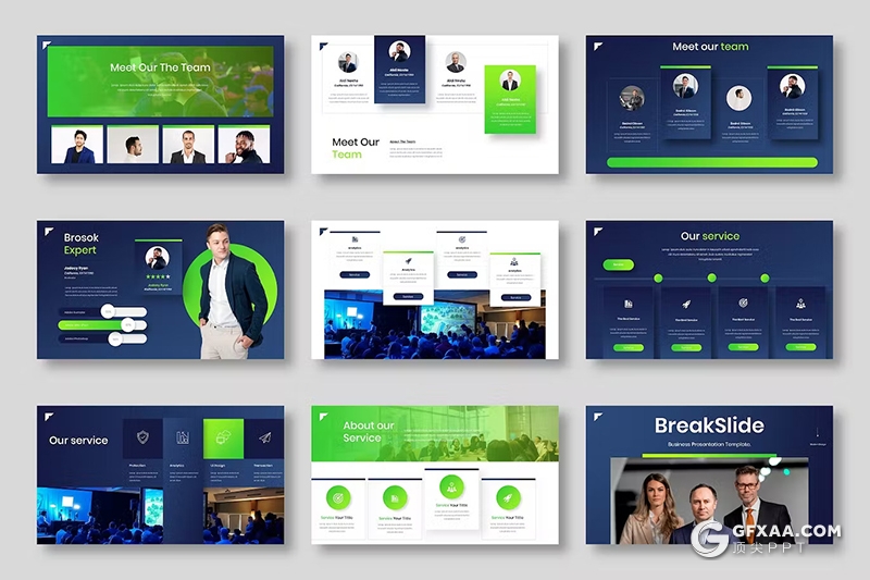 39页蓝绿色公司业务展示团队介绍商业计划国外PPT模板 - 顶尖PPT