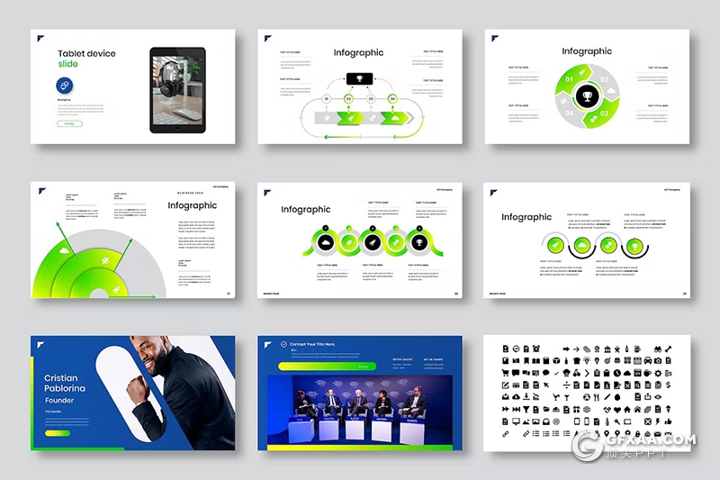 39页蓝绿色商业计划书团队介绍电子产品展示国外PPT模板 - 顶尖PPT