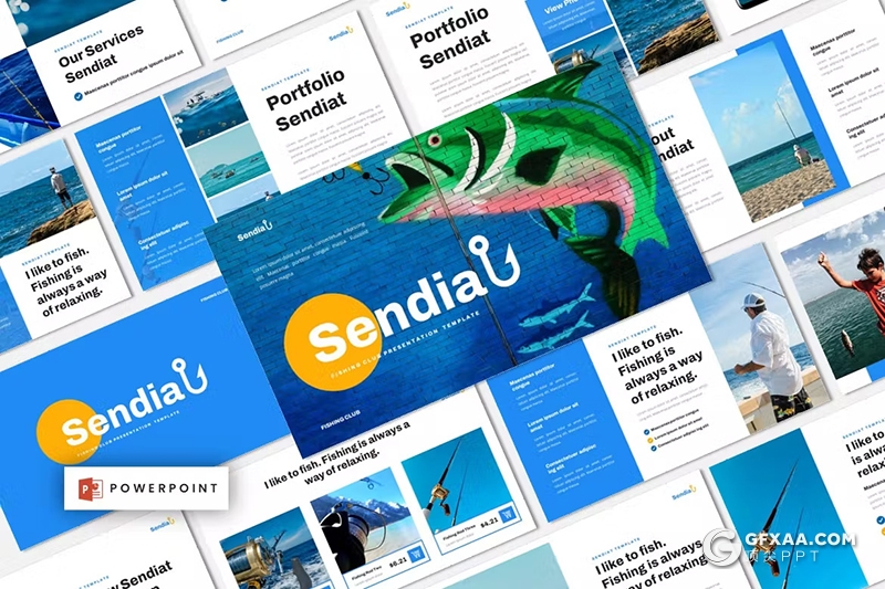 35页蓝橙色钓鱼俱乐部摄影图片展示国外PPT模板 - 顶尖PPT
