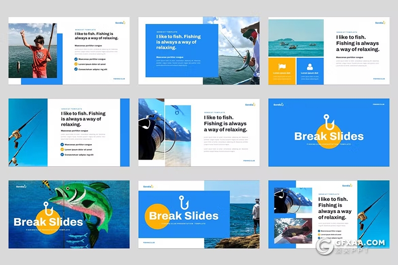 35页蓝橙色钓鱼俱乐部摄影图片展示国外PPT模板 - 顶尖PPT