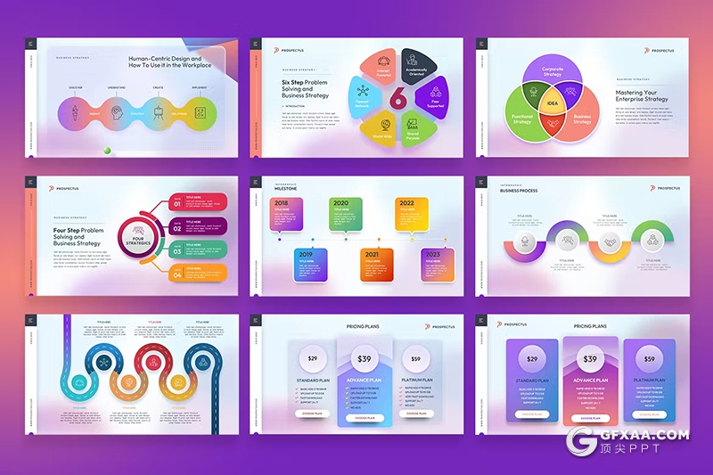 62页4款精美时尚渐变色商业计划书团队介绍年计划总结通用国外PPT模板 - 顶尖PPT