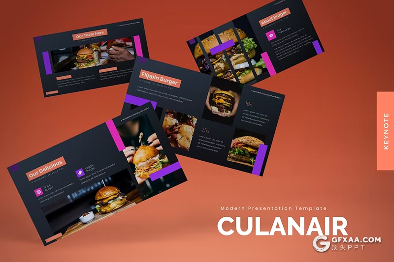30页餐饮汉堡美食数据统计分析团队介绍国外keynote模板5种不同颜色 - 顶尖PPT