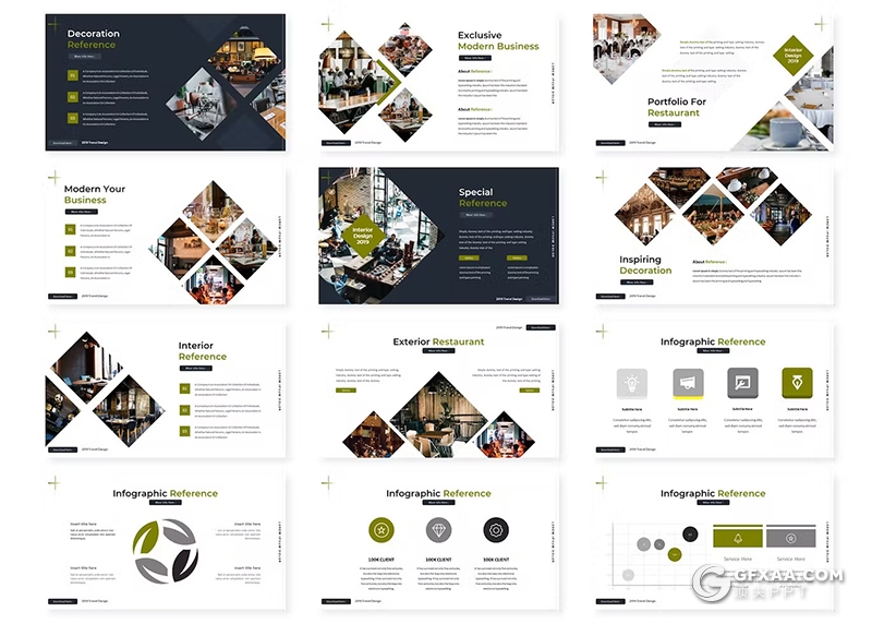 30页时尚大气摄影展示室内装修设计方案团队介绍国外PPT模板5种不同配色 - 顶尖PPT