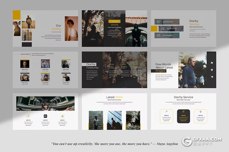 50页创意时尚摄影展示团队介绍服装展示数据分析统计国外Google Slide模板 - 顶尖PPT