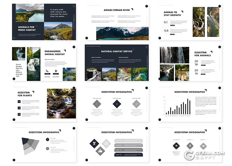 30页旅游景点展示绿色生态系统展示摄影展示国外PPT模板5种不同配色 - 顶尖PPT