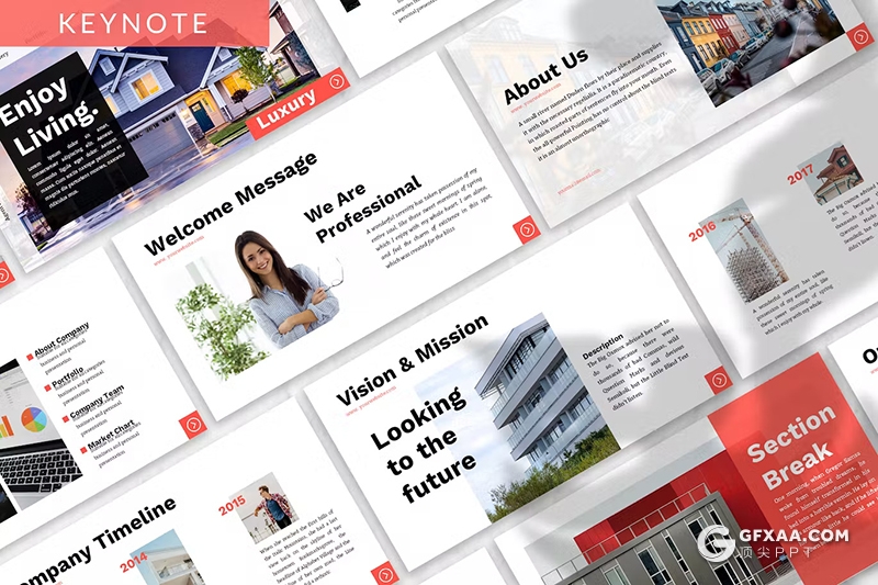 红色简约大气房地产介绍设计开发商务通用国外keynote模板 - 顶尖PPT