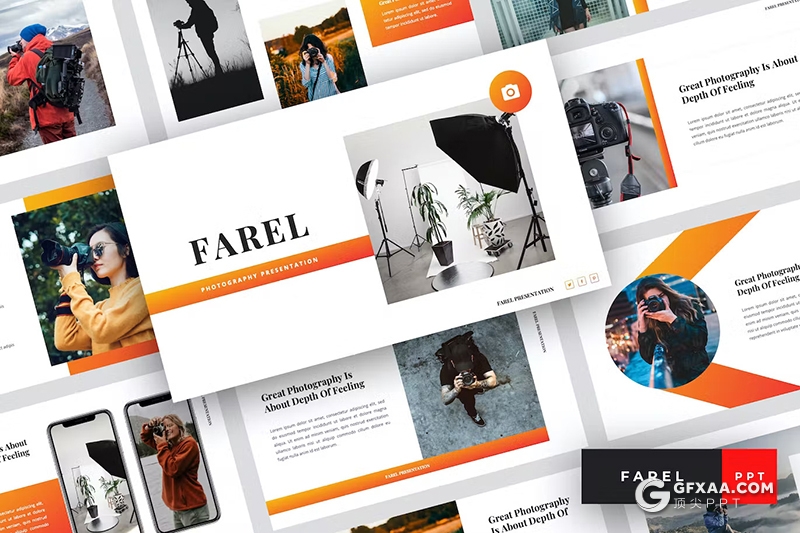36页橙色相机摄影产品展示摄影图片展示国外PPT模板 - 顶尖PPT