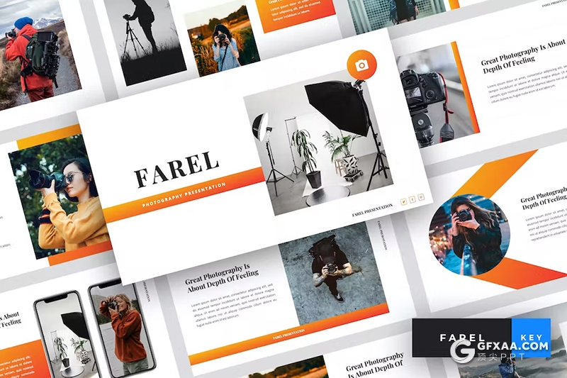 36页橙色相机摄影产品展示摄影图片展示国外keynote模板 - 顶尖PPT