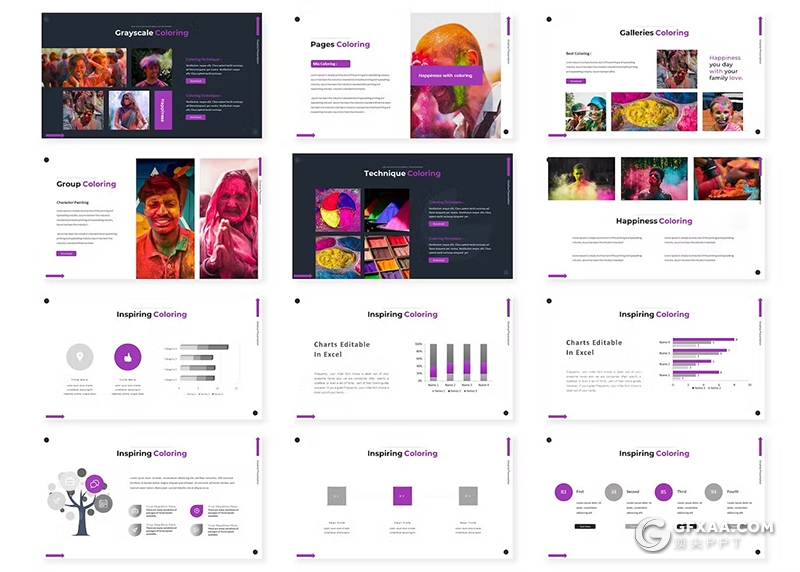 30页创意作品展示绘画彩色感知美术绘画培训创意主题国外keynote模板5种配色 - 顶尖PPT