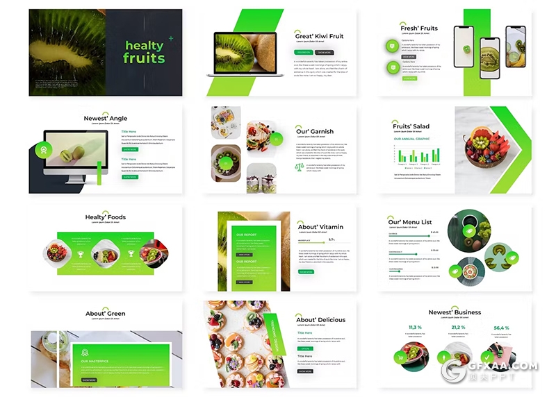 30页绿色水果产品介绍水果摄影展示产品分析健康饮食国外keynote模板5种配色 - 顶尖PPT