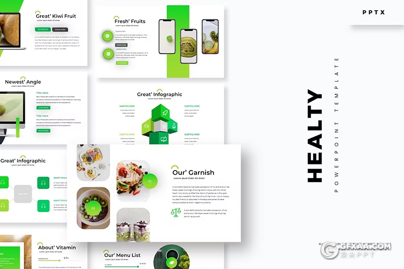 30页绿色水果产品介绍水果摄影展示产品分析健康饮食国外PPT模板5种配色 - 顶尖PPT