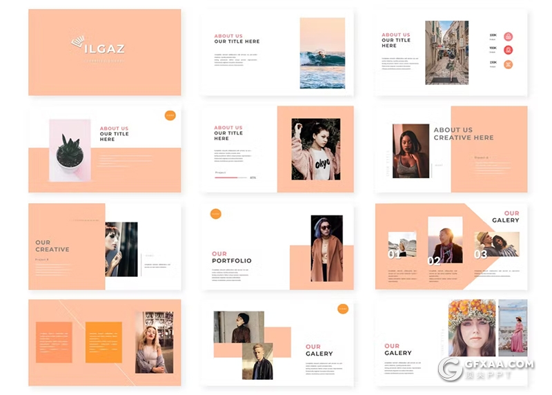 30页扁平化摄影展示摄影模特展示国外PPT模板5种配色 - 顶尖PPT