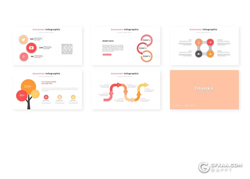30页扁平化摄影展示摄影模特展示国外PPT模板5种配色 - 顶尖PPT
