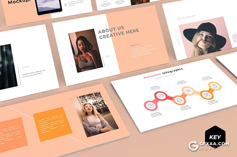 30页扁平化摄影展示摄影模特展示国外keynote模板5种配色 - 顶尖PPT
