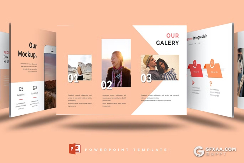 30页扁平化摄影展示摄影模特展示国外PPT模板5种配色 - 顶尖PPT