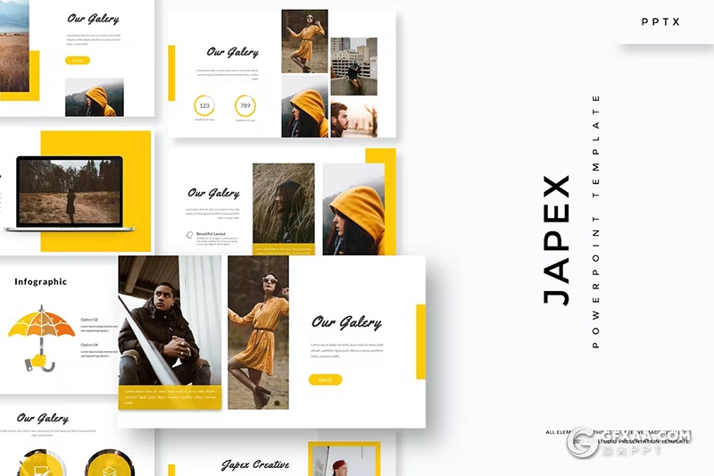 30页简约大气摄影模特展示衣服鞋子展示国外PPT模板5种配色 - 顶尖PPT