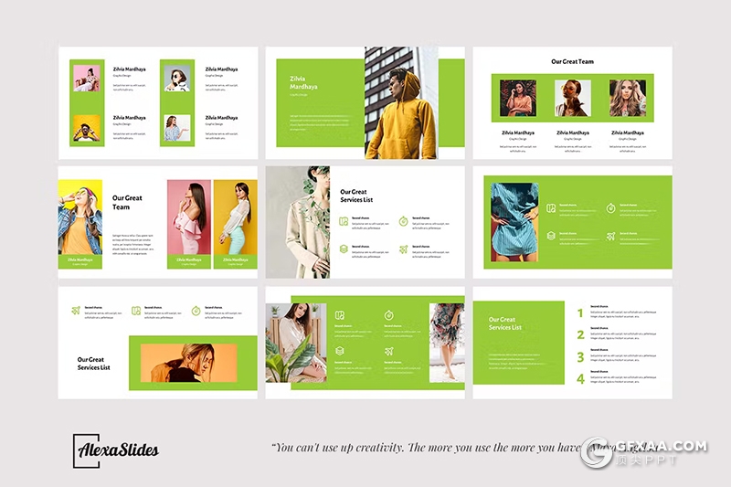 31页扁平化绿色服装摄影展示模特摄影展示国外PPT模板 - 顶尖PPT
