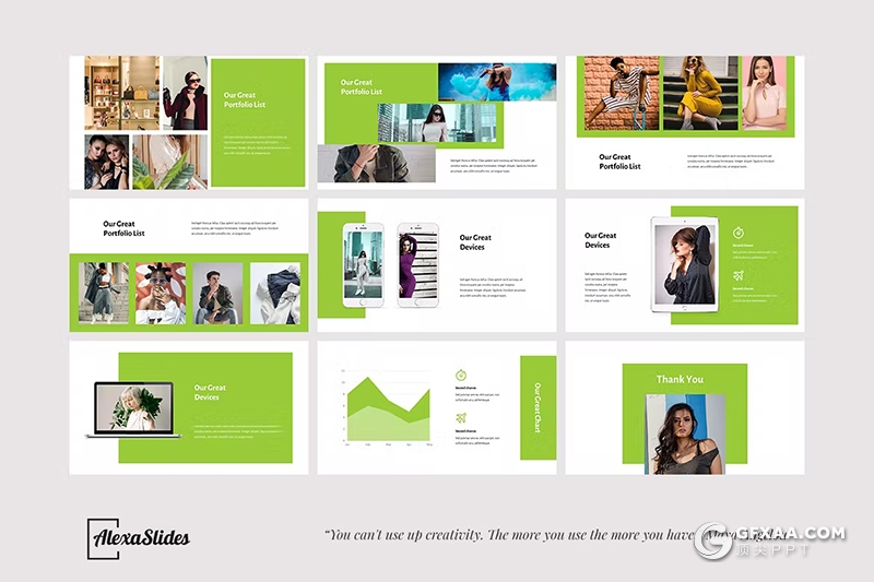 31页扁平化绿色服装摄影展示模特摄影展示国外PPT模板 - 顶尖PPT