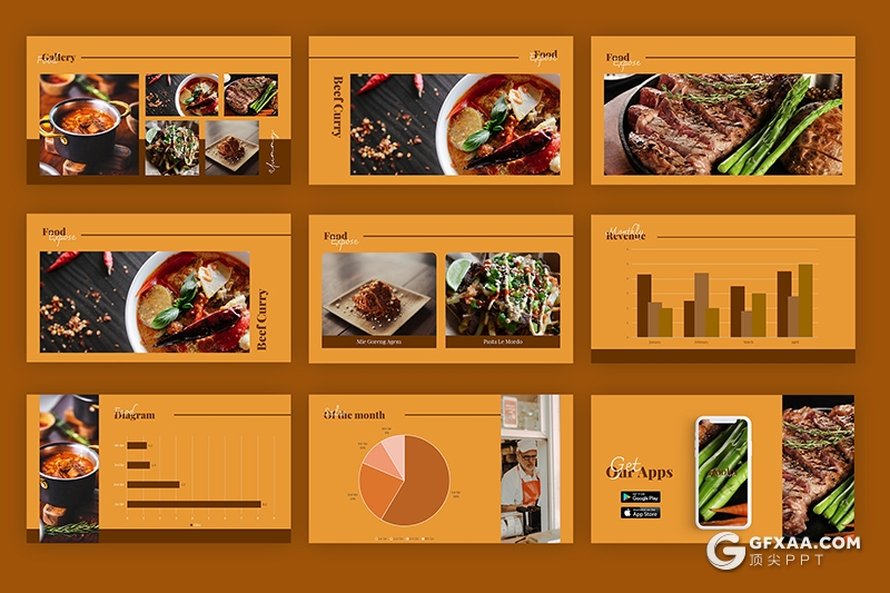 31页橙棕色牛排餐饮美食主题数据统计分析国外PPT模板 - 顶尖PPT