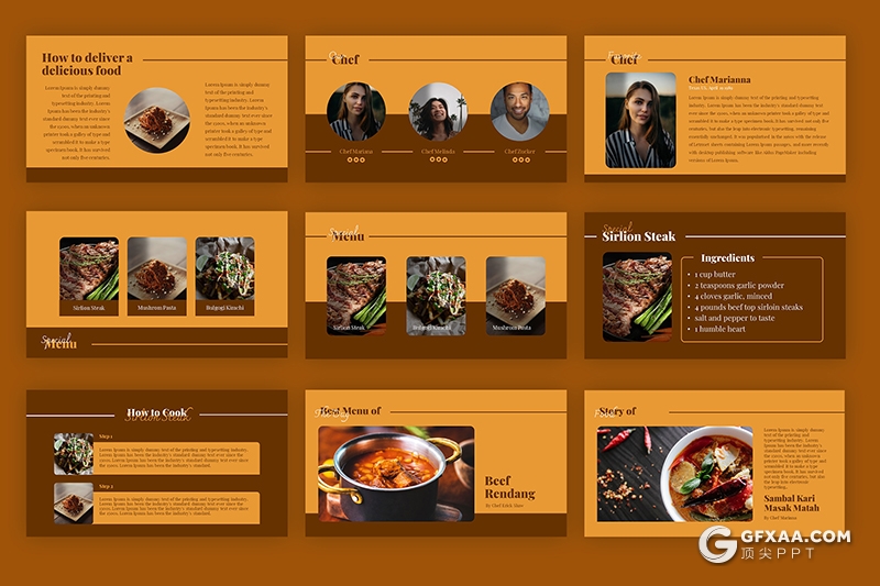 31页橙棕色牛排餐饮美食主题数据统计分析国外PPT模板 - 顶尖PPT