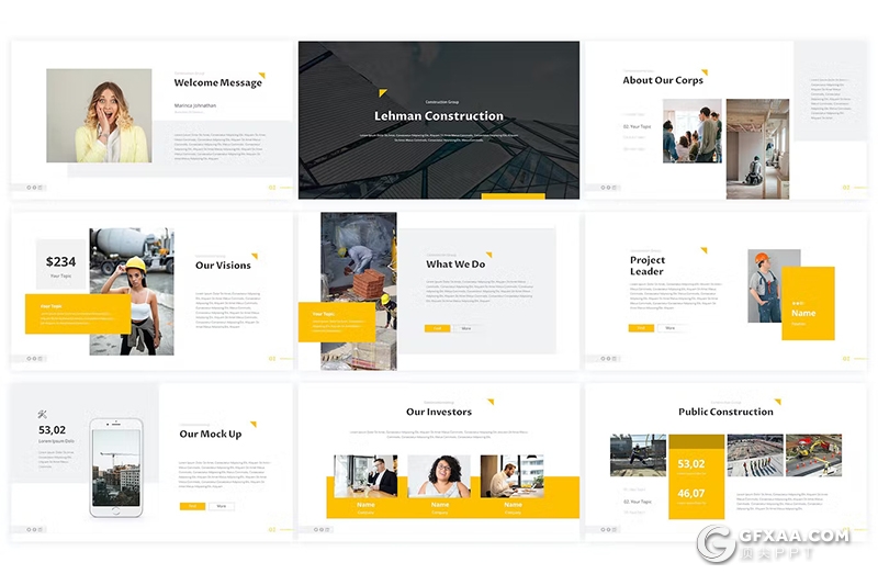 50页橙色简约大气企业建筑施工工程项目展示国外PPT模板 - 顶尖PPT