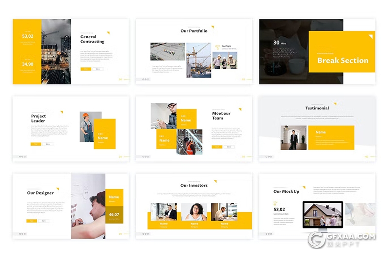 50页橙色简约大气企业建筑施工工程项目展示国外PPT模板 - 顶尖PPT