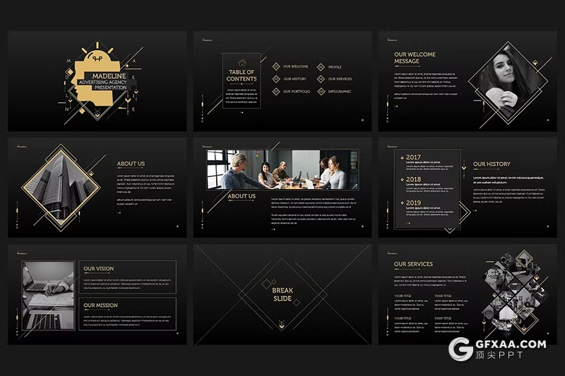 40页黑金色高端大气团队介绍商业计划书商务通用国外PPT模板 - 顶尖PPT